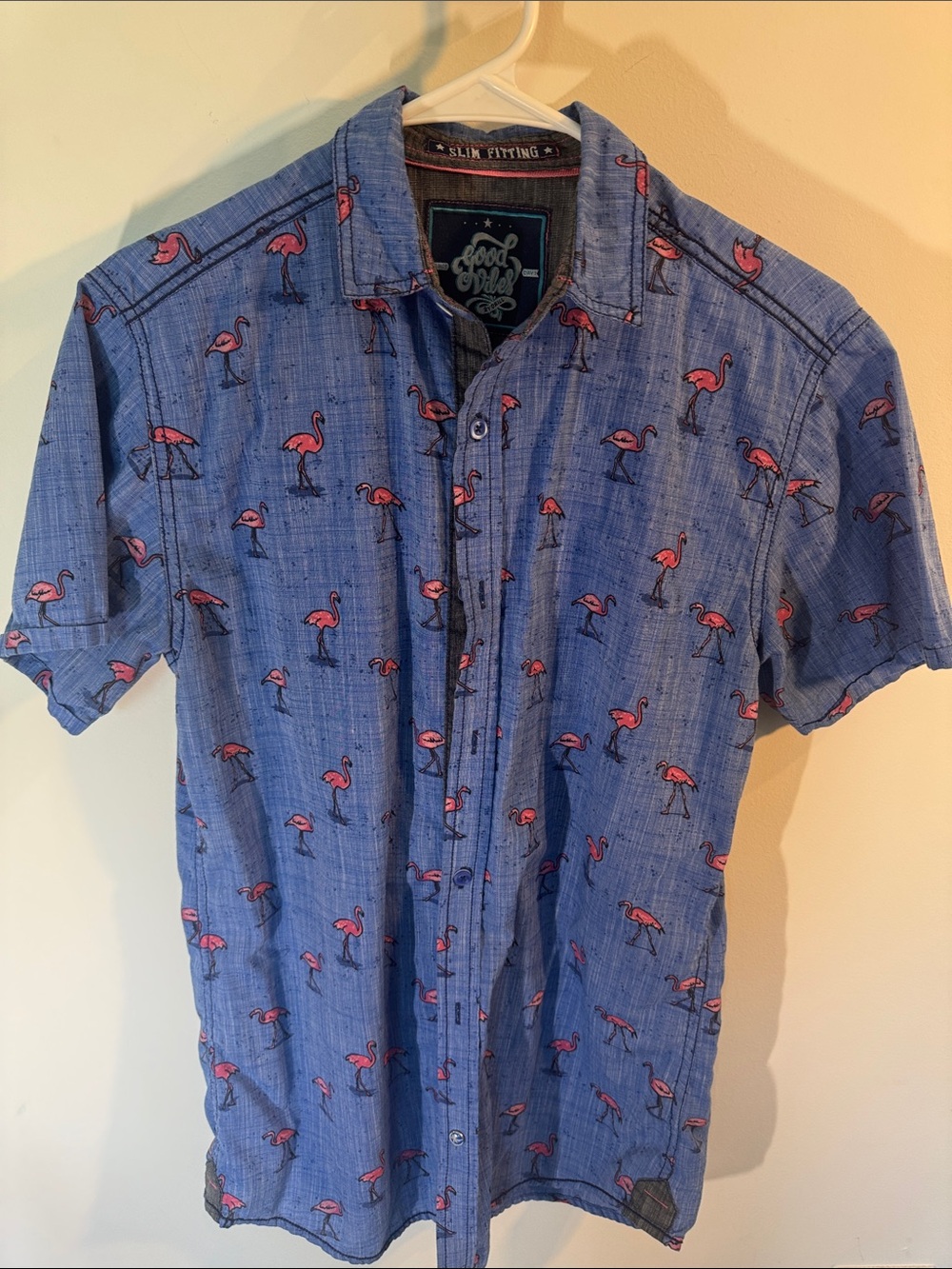 Men's Blue Short-Sleeve Flamingo Print Button-Down Shirt